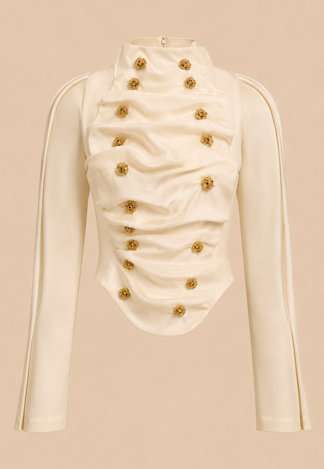 Ivory Rosette Button Draped Corset Blouse