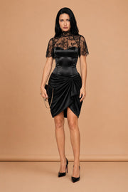 Lace Yoke Satin Wrap Dress