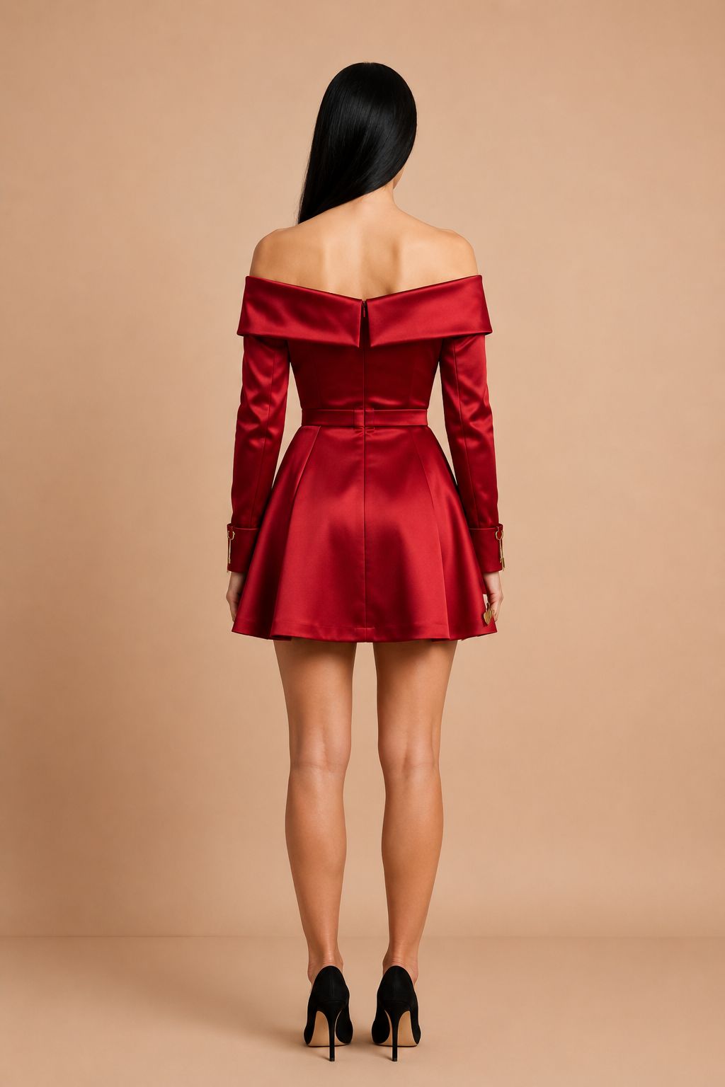 Off-Shoulder Padlock Satin Mini Dress