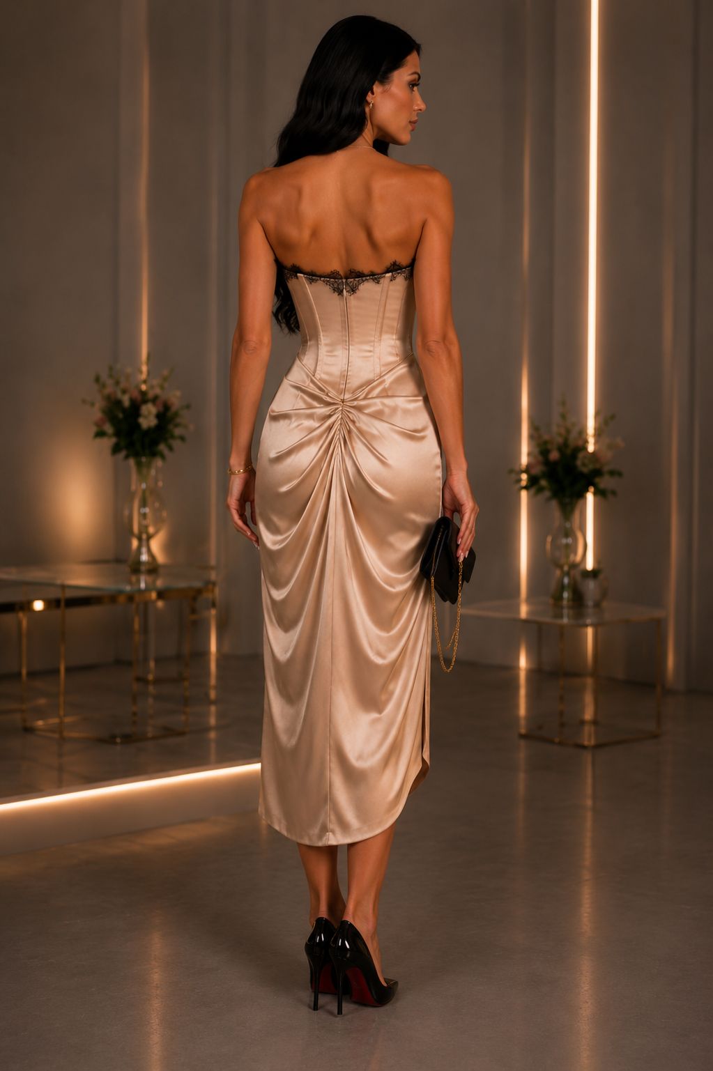 Lace Corset Draped Satin Midi Dress
