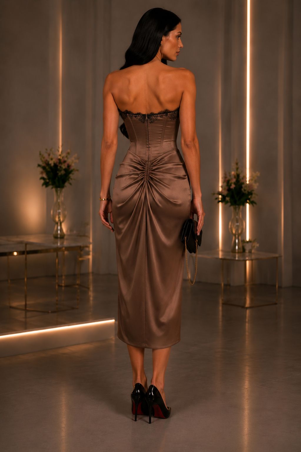 Lace Corset Draped Satin Midi Dress