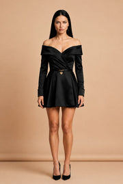 Off-Shoulder Padlock Satin Mini Dress