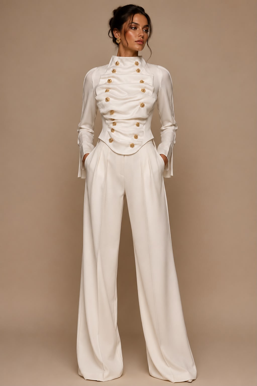 Ivory Rosette Button Draped Corset Top