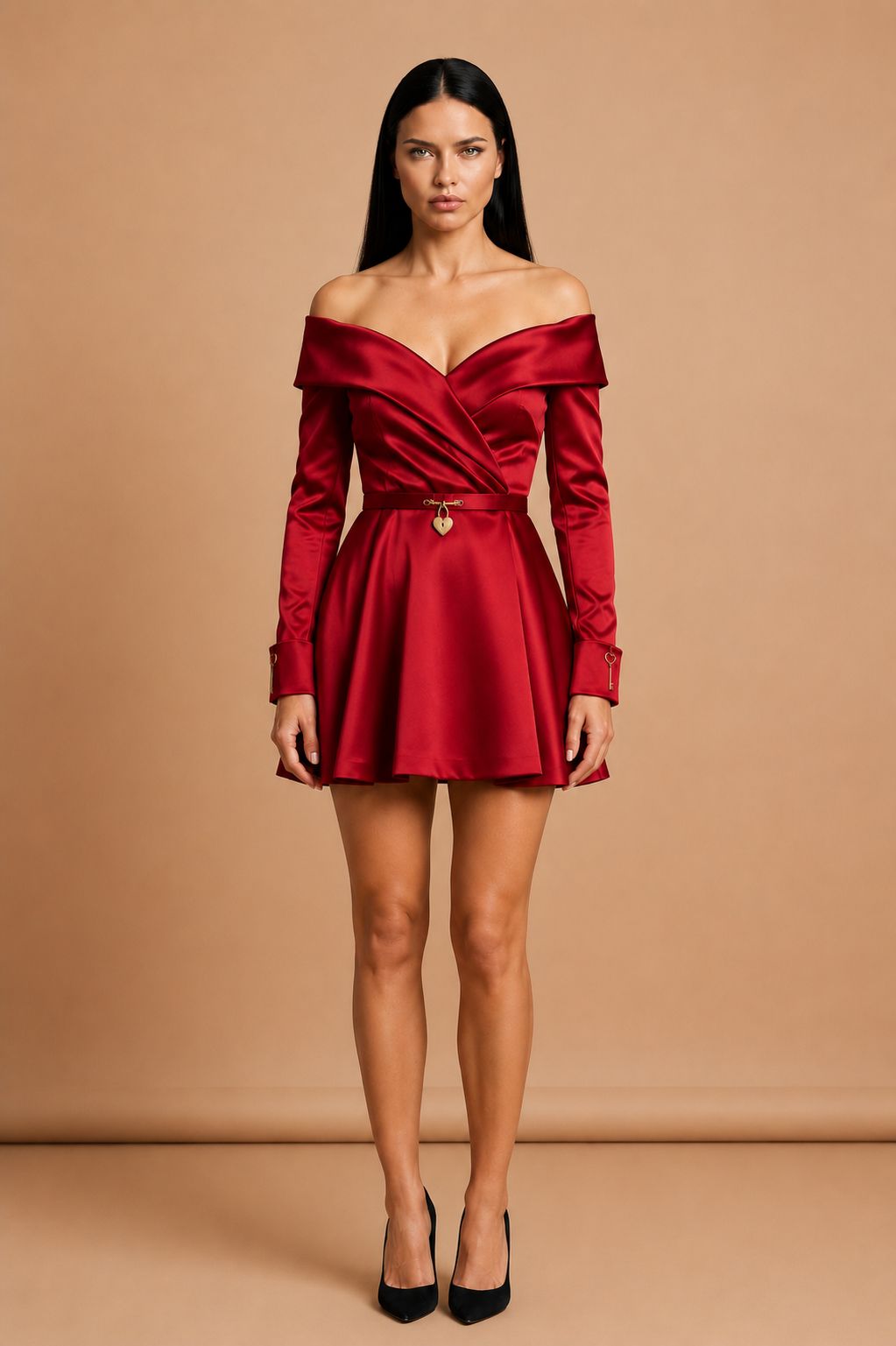 Off-Shoulder Padlock Satin Mini Dress